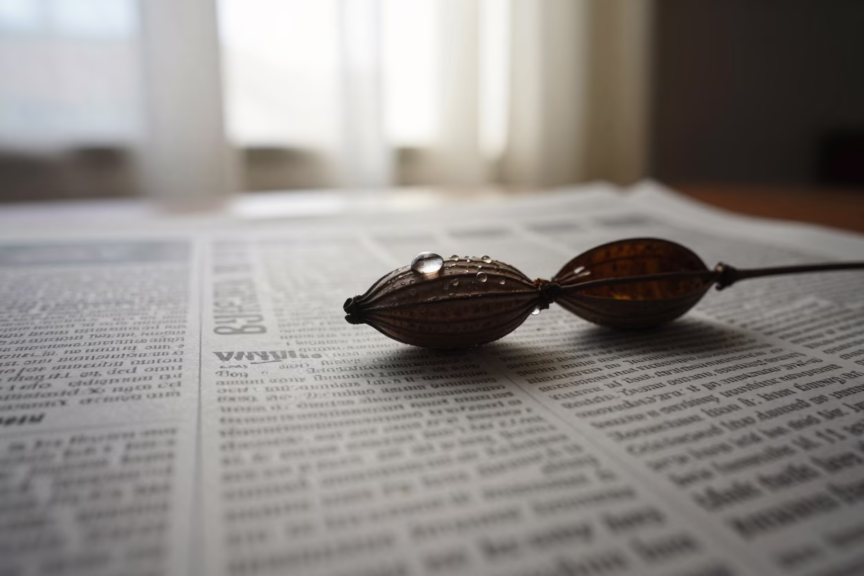 Dewdrop Lens on Newspaper Text in inside a seed pod split open near Meerut