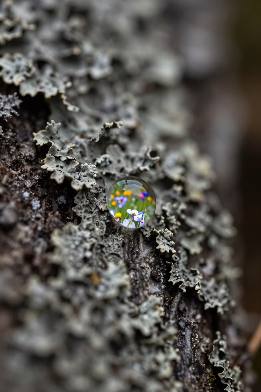 Dewdrop on Lichen Bark Refracting Meadow Light in on lichen-covered bark in Dundo