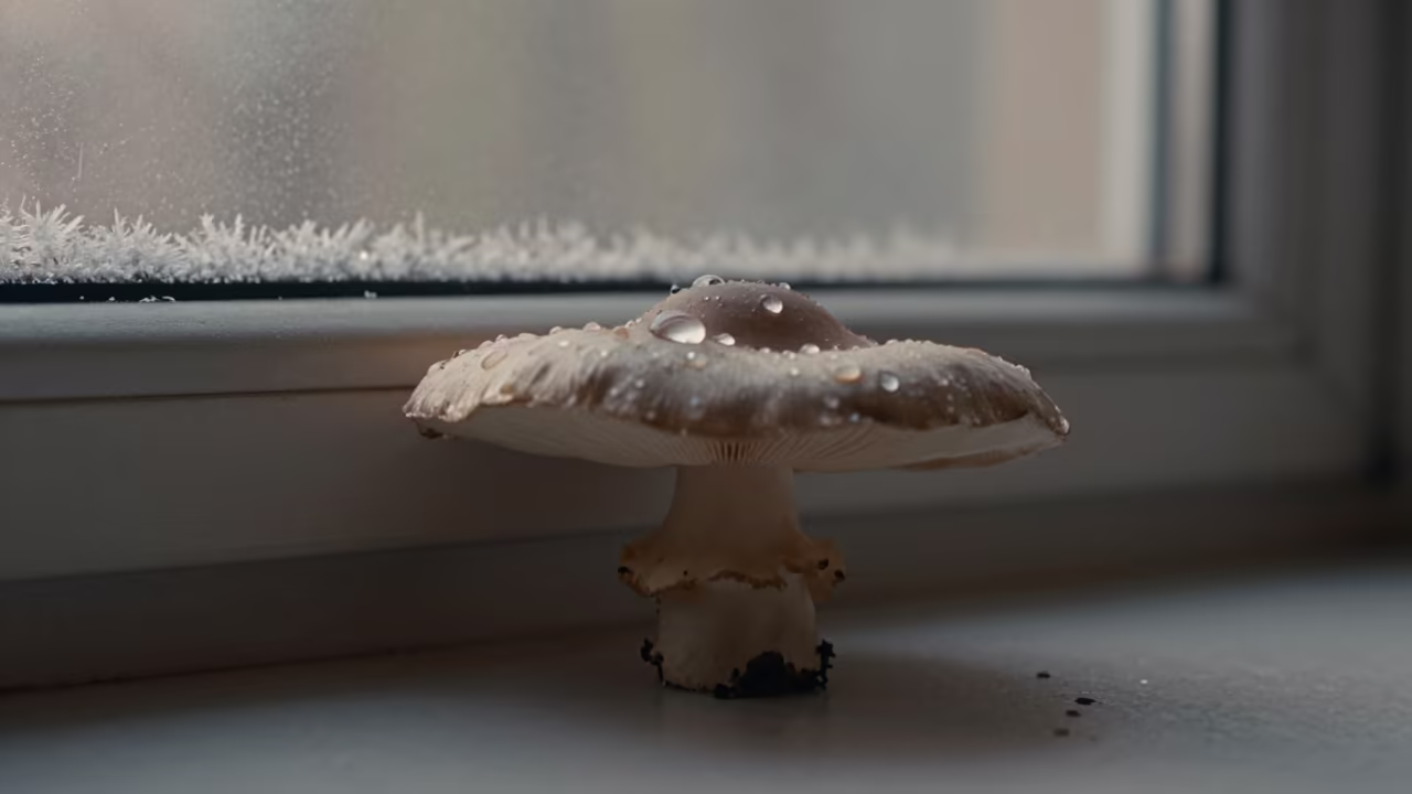 Dewdrop on Mushroom Cap in Predawn Naples in along a frost-edged windowpane in Naples