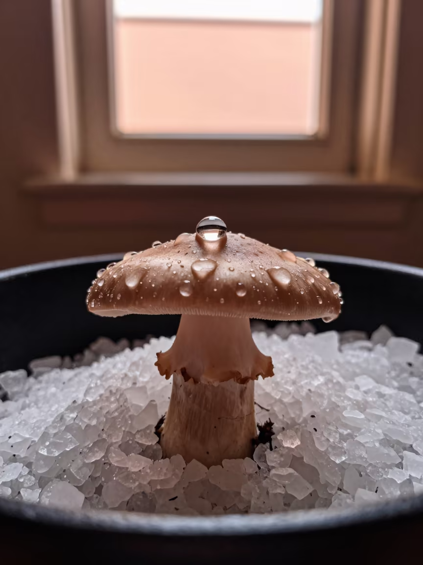 Dewdrop on Mushroom Cap Amid Salt Crystals in on salt crystals along a pan rim in Kahramanmaraş