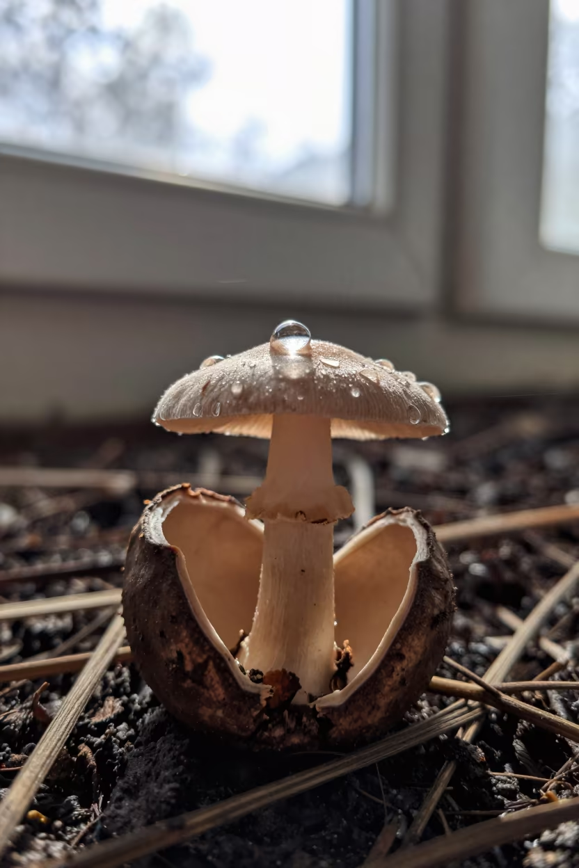Dewdrop on Mushroom Cap in Split Seed Pod in inside a seed pod split open in Daejeon