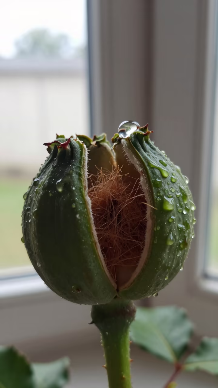 Dewdrop on Rose Thorn Inside Seed Pod in inside a seed pod split open near Puerto Ayacucho
