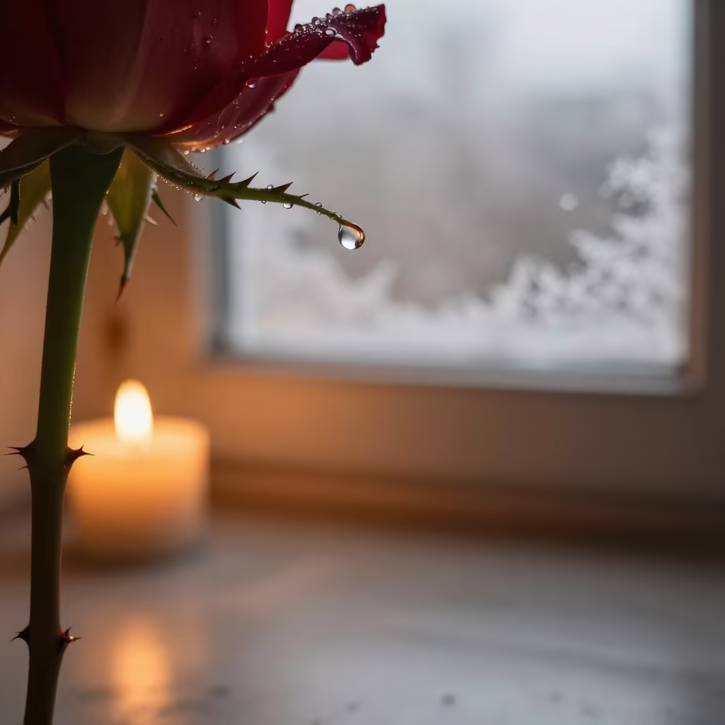 Dewdrop on Rose Thorn Window in along a frost-edged windowpane in Houston