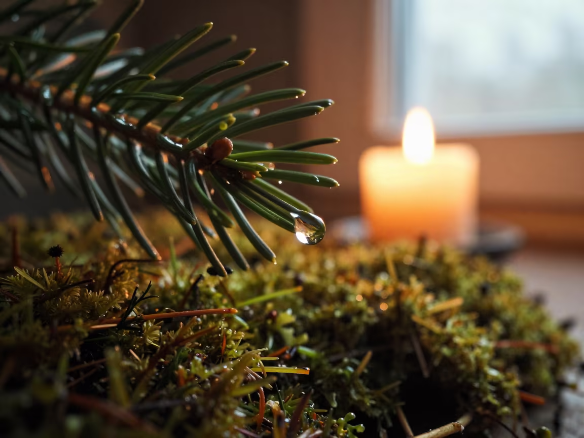 Dewdrop on Pine Needle Tip Evening Light in on dew-soaked moss in Gualeguaychú