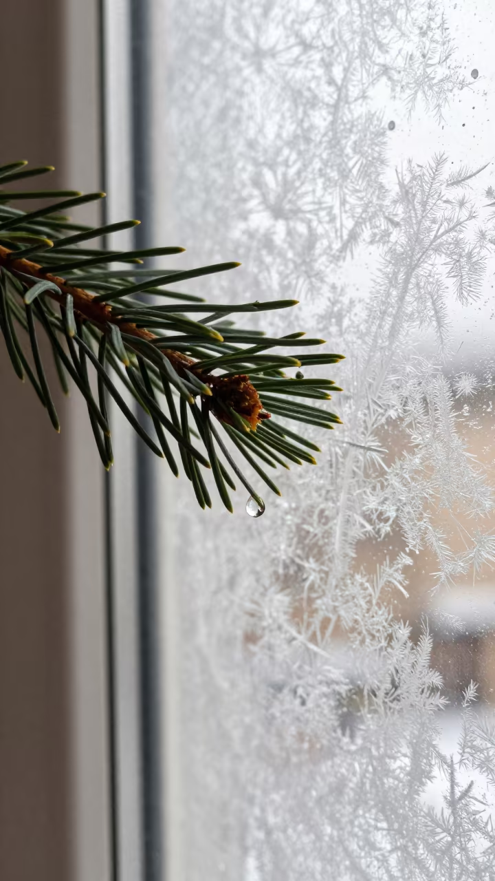 Dewdrop on Pine Needle Frost Window in along a frost-edged windowpane in Jizzakh
