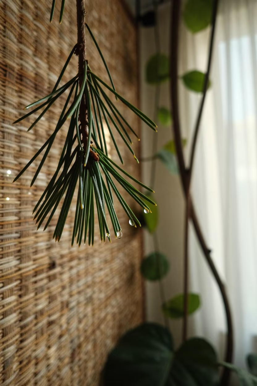 Dewdrop on Pine Needle Amid Jungle Vines in against woven linen fibers in Riffa