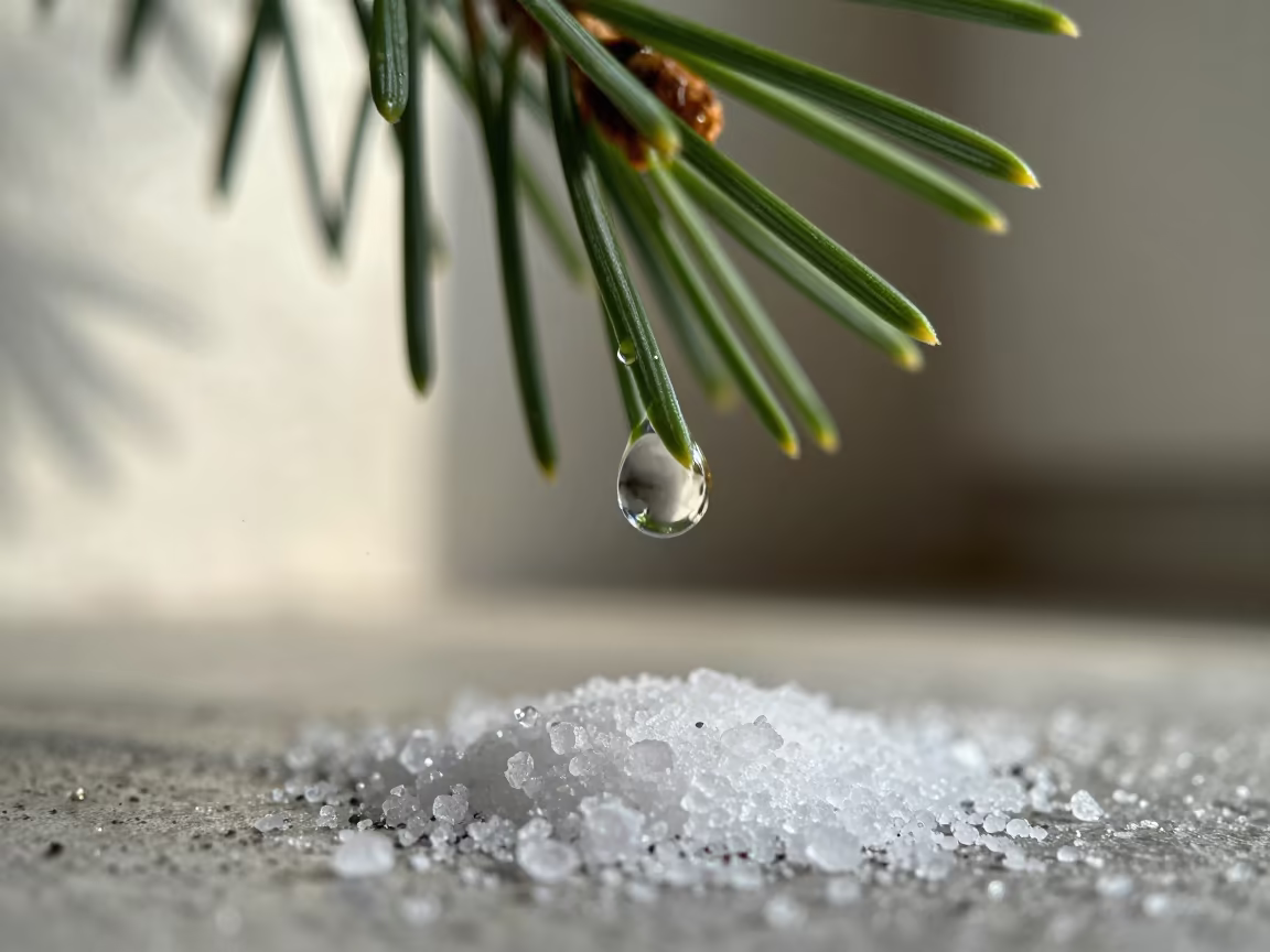 Dewdrop on Pine Needle Tip Over Salt Crystals in on salt crystals along a pan rim in Ar Ramtha