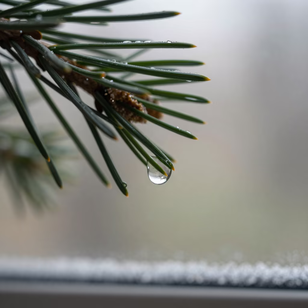 Dewdrop on Pine Needle Tip in along a frost-edged windowpane in Chakwal