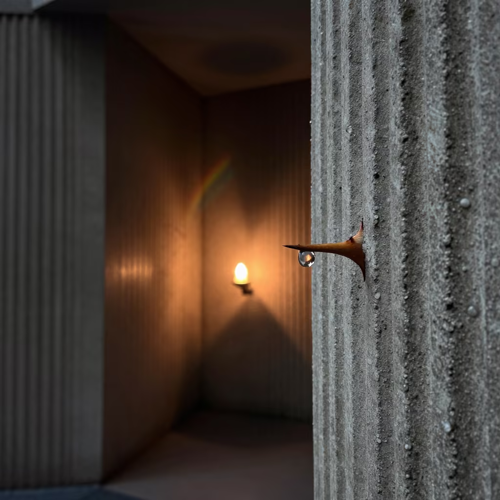 Dewdrop Prism on Rose Thorn Candlelight in inside a ribbed concrete lobby in Karachi