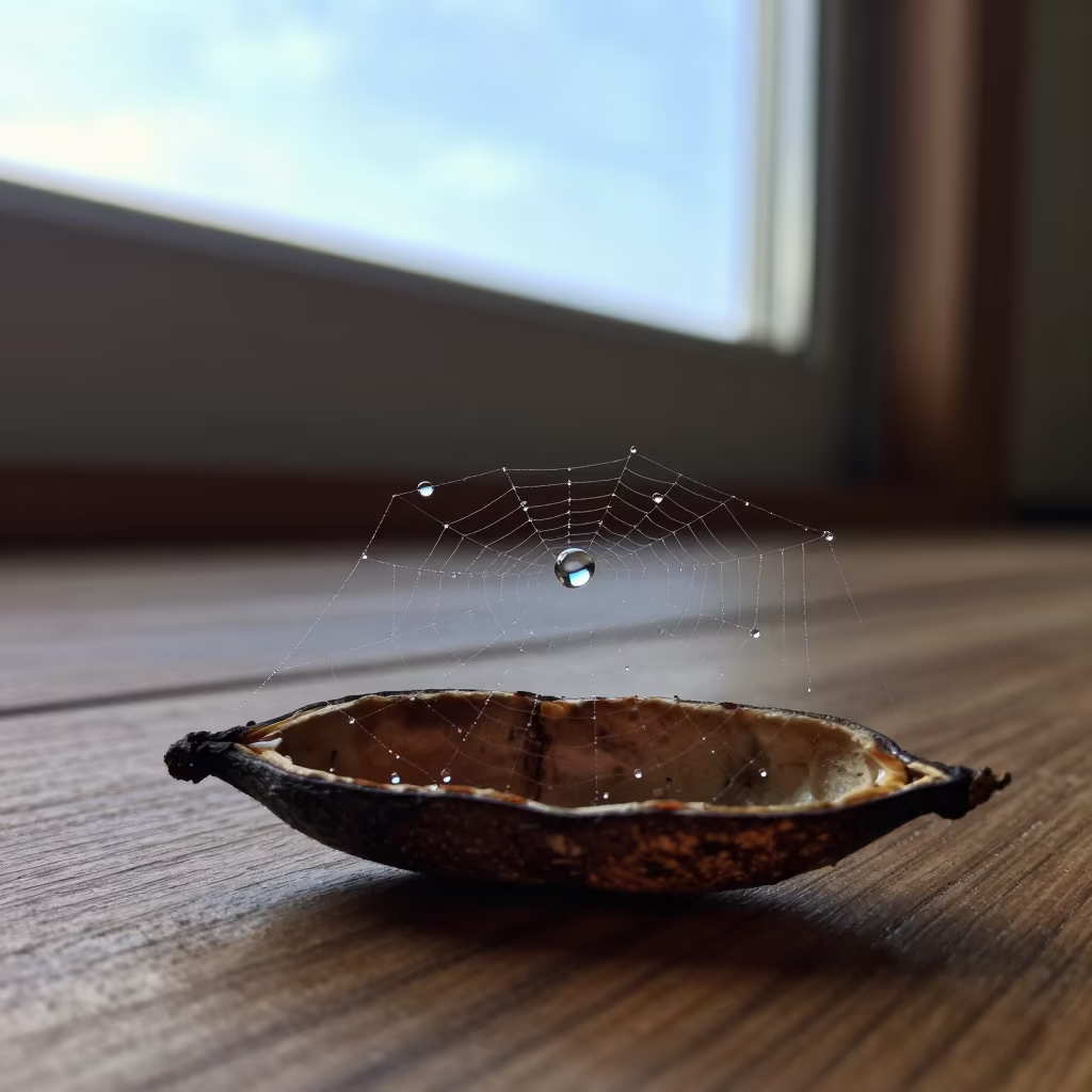 Dewdrop Reflection on Cobweb in Kyoto Seed Pod in inside a seed pod split open in Philosopher's Path, Kyoto
