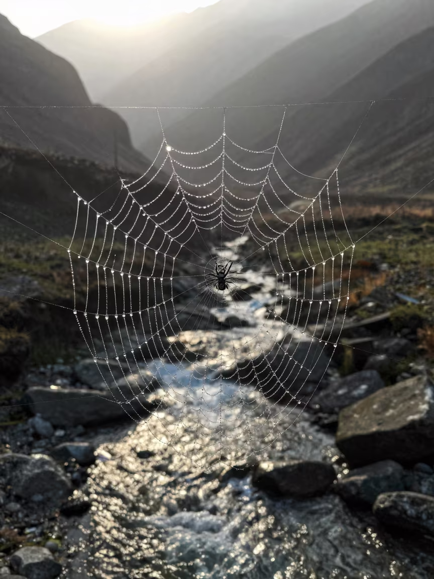 Dewdrop Reflections on Spider Web Before Dawn in above a glacial stream in Pakistan