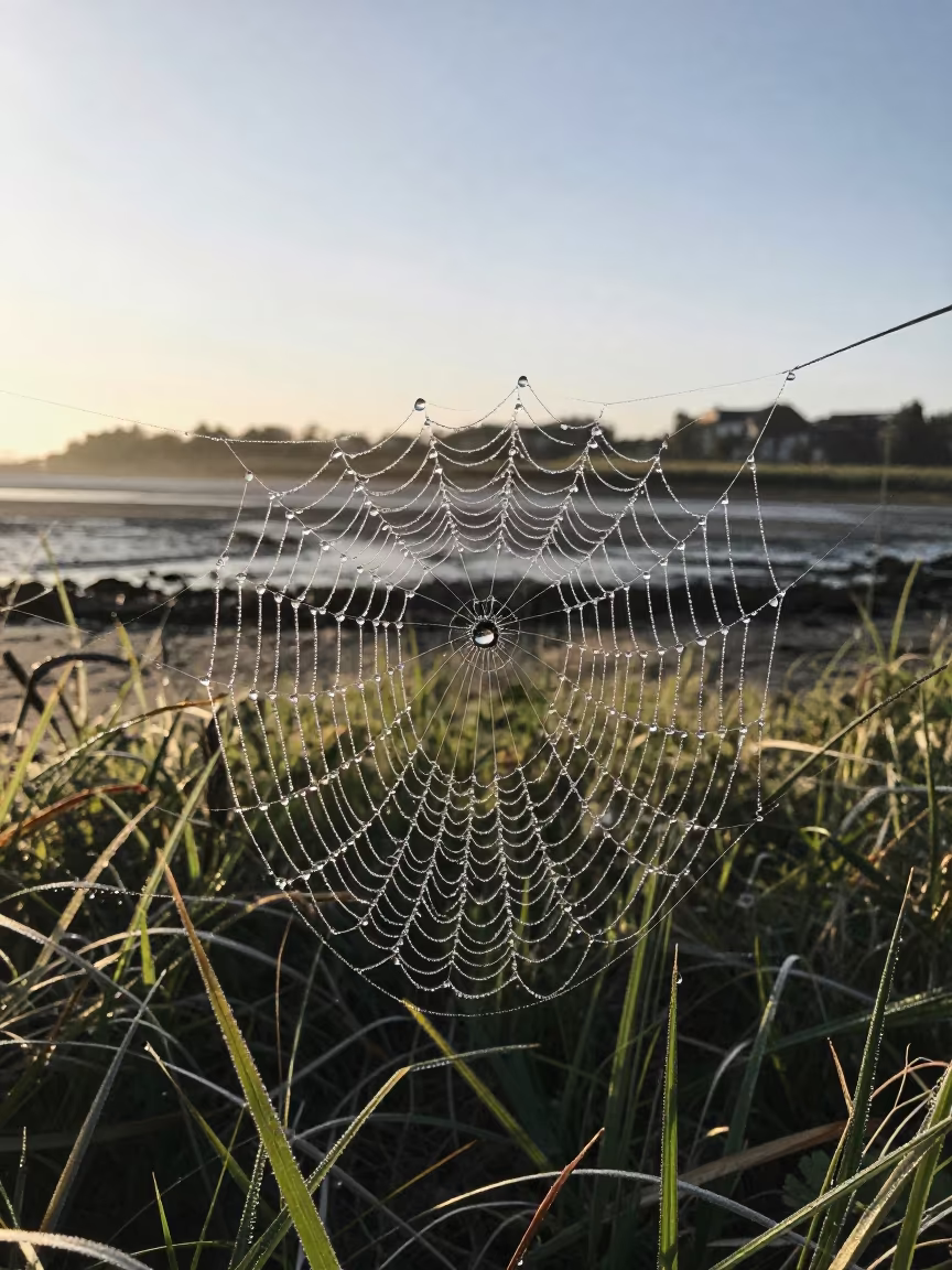 Dewdrop Reflections on Spider Web at Dawn in beside a tidal inlet near Gdynia