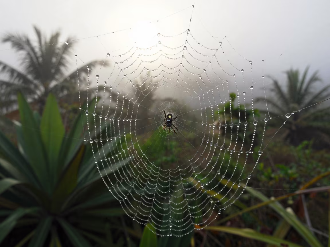 Dewdrop Reflections on Spider Web in Jamaican Dawn in in Jamaica