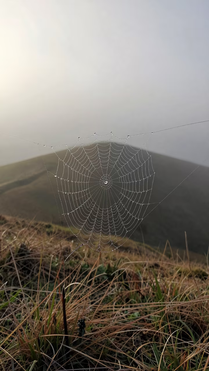 Dewdrop Reflections on Tuscan Spider Web in on a wind-scoured ridge in Tuscany