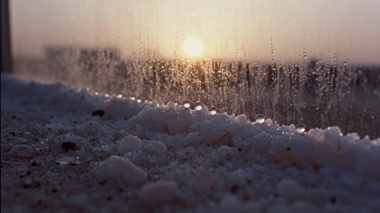 Dewdrop Refracting Dawn Light on Salt Crystals in on salt crystals along a pan rim in Raqqa