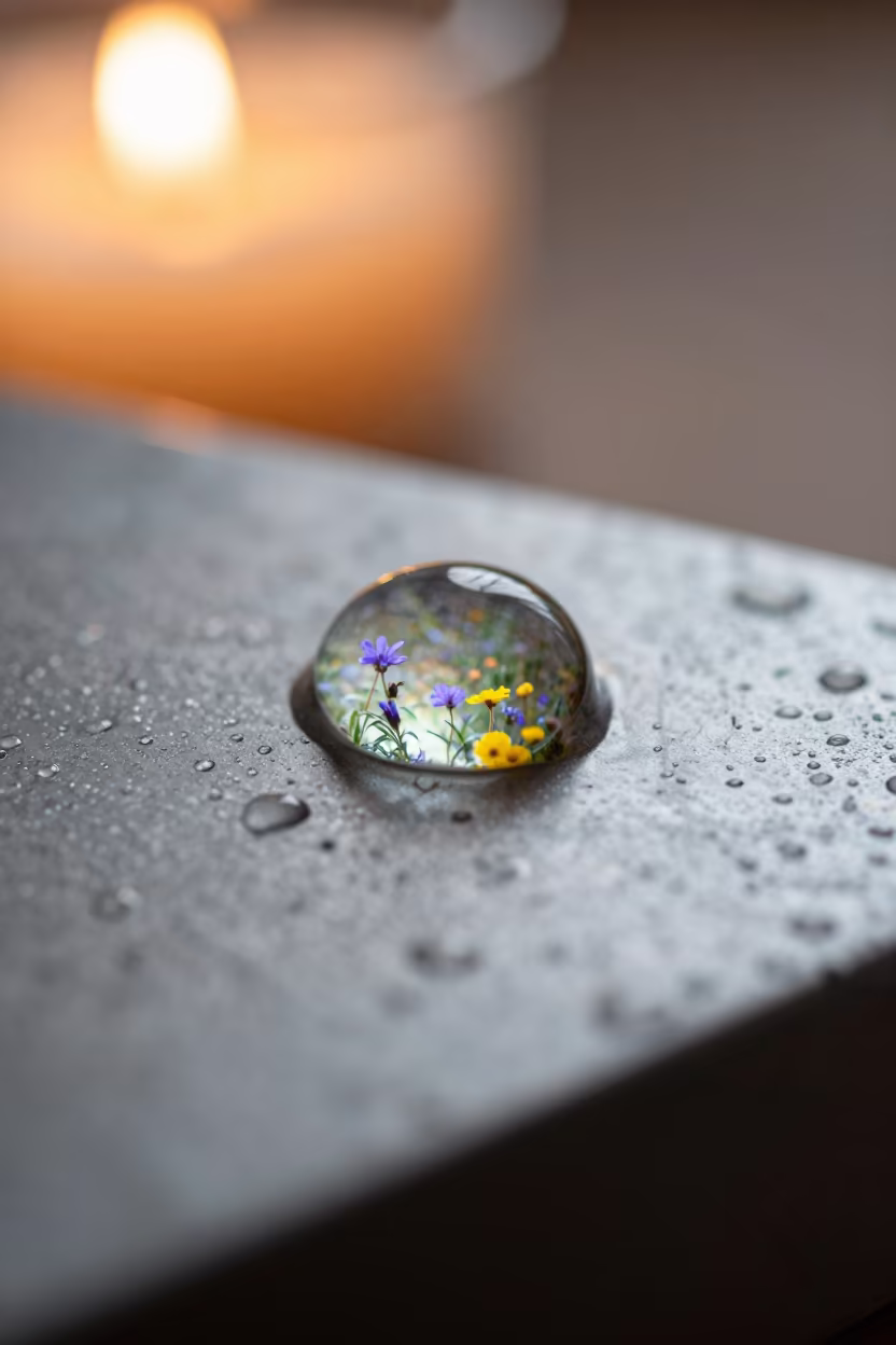 Dewdrop Refracting Meadow in Candlelight in across a rain-beaded metal surface near Dania