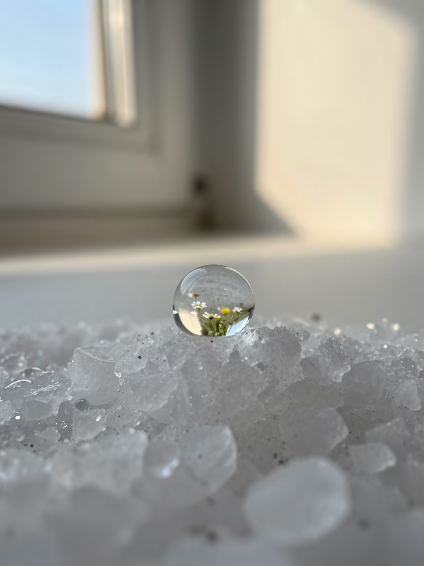 Dewdrop Refracting Meadow on Salt Crystals in on salt crystals along a pan rim in Košice