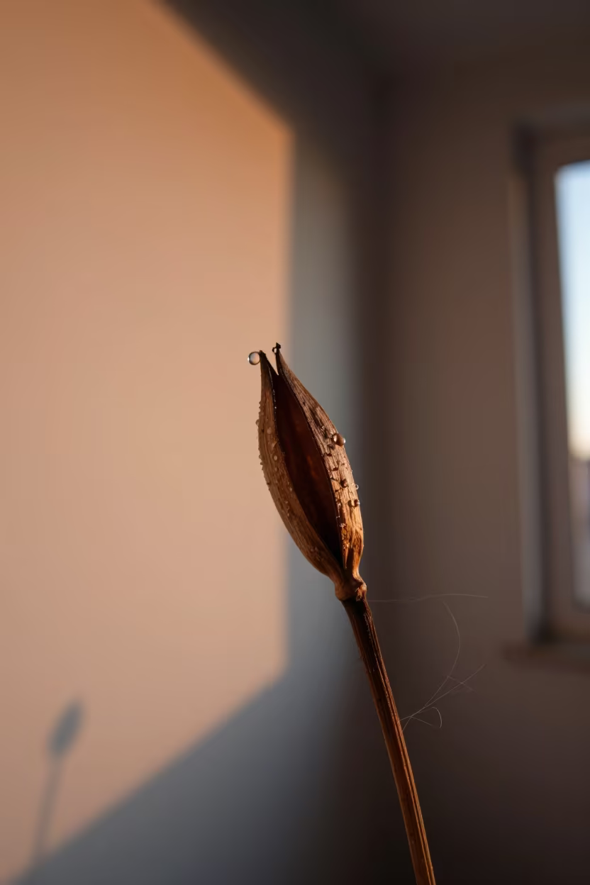 Dewdrop Refracting Sunrise Inside Split Seed Pod in inside a seed pod split open in Puebla