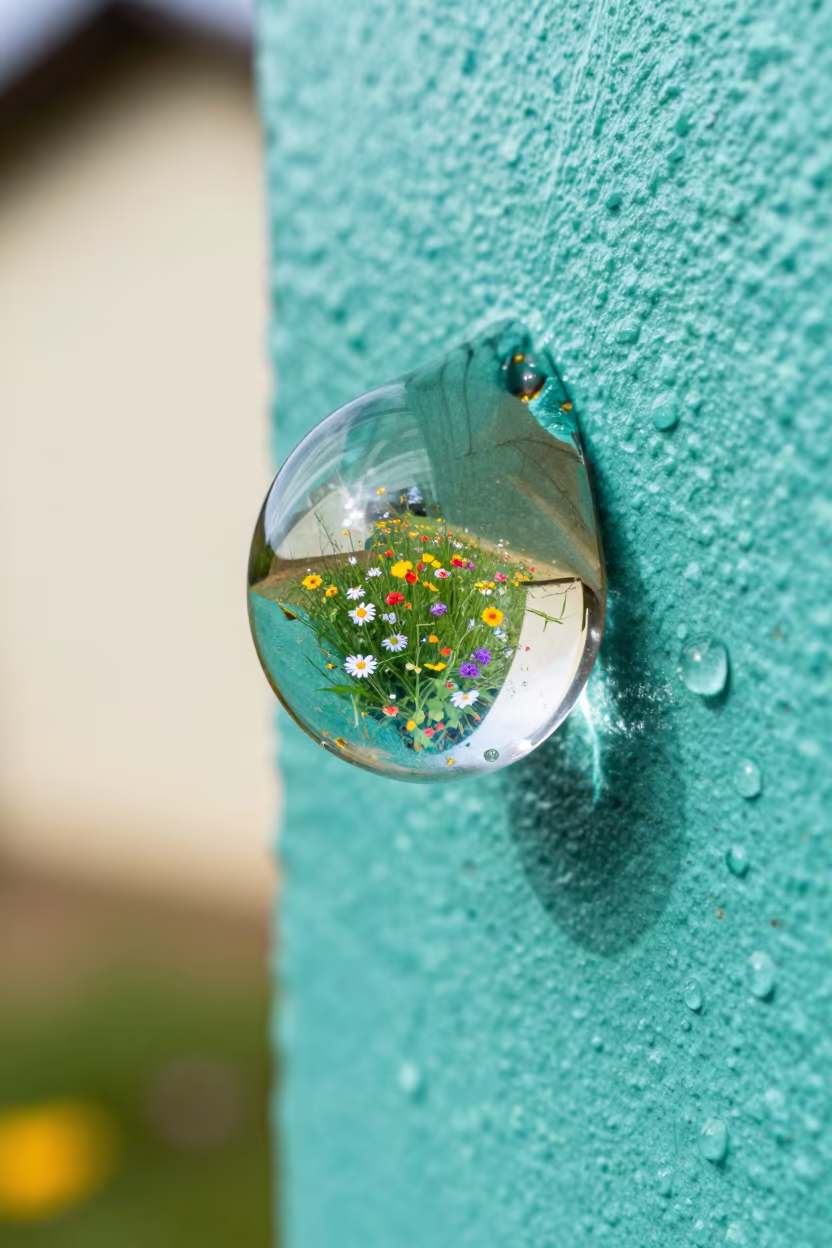 Dewdrop Refracting Wildflower Meadow Macro in against weathered turquoise paint near Wolaita Sodo