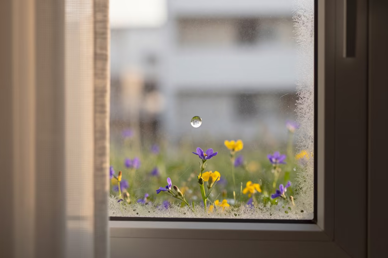 Dewdrop Refracting Wildflower Meadow in Tokyo in along a frost-edged windowpane in Shinjuku, Tokyo