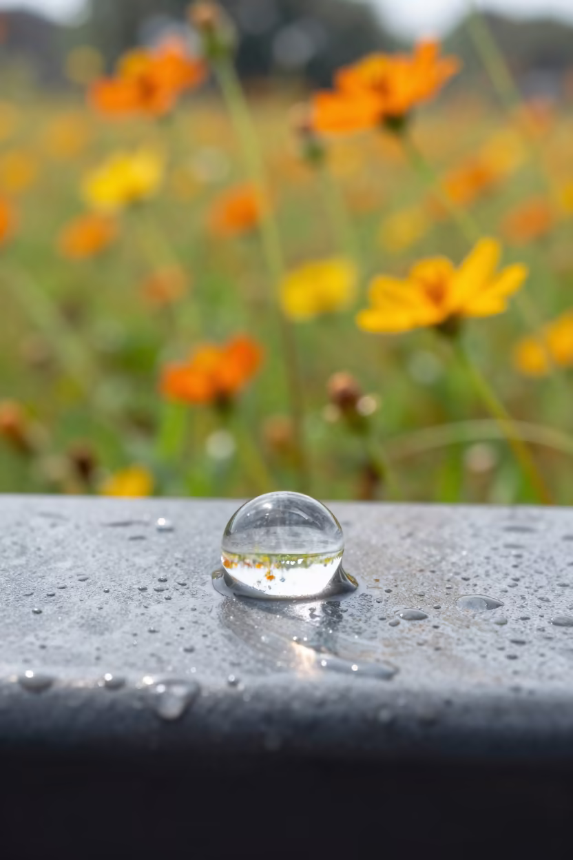 Dewdrop Refracts Mangalore Wildflower Meadow in across a rain-beaded metal surface in Mangalore