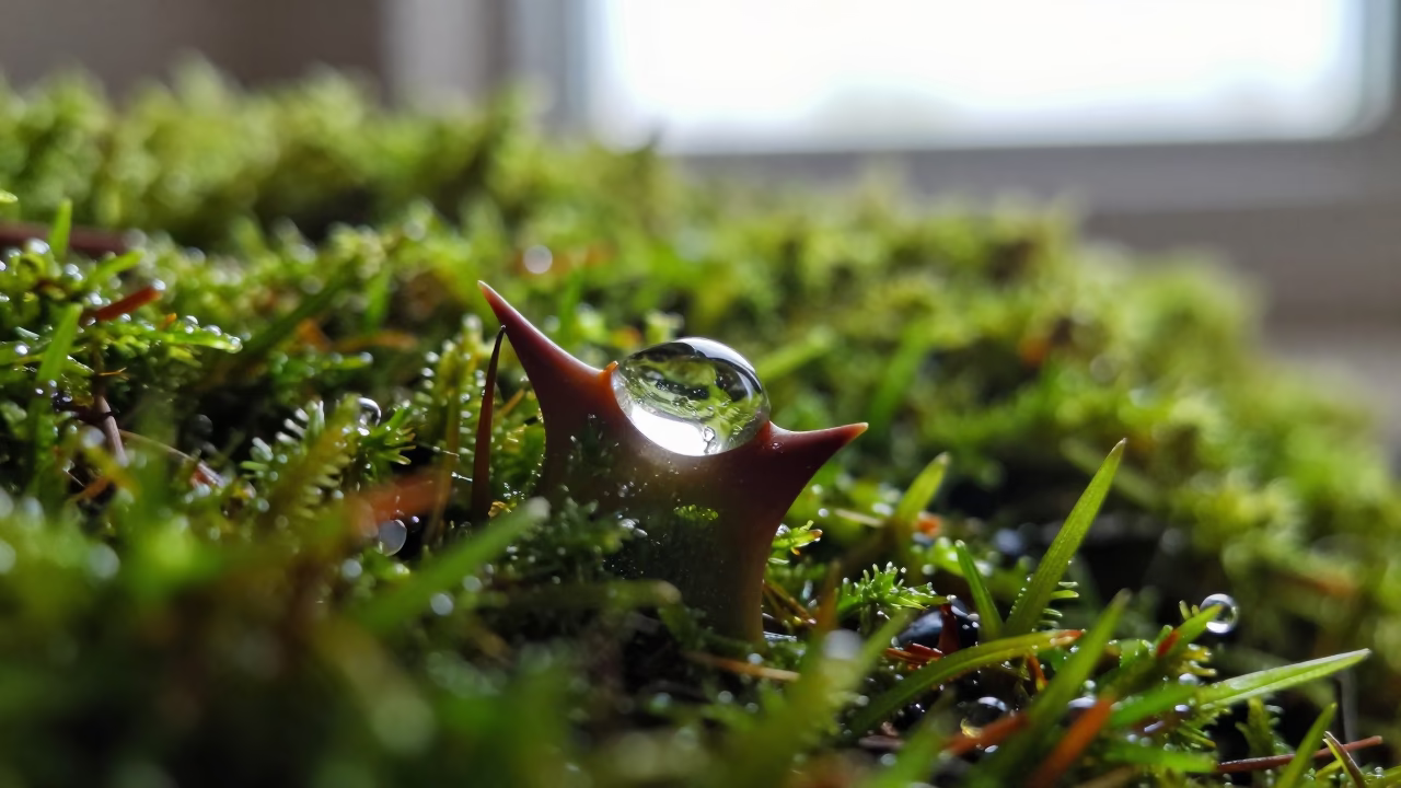 Dewdrop on Rose Thorn Over Moss in on dew-soaked moss in Charallave