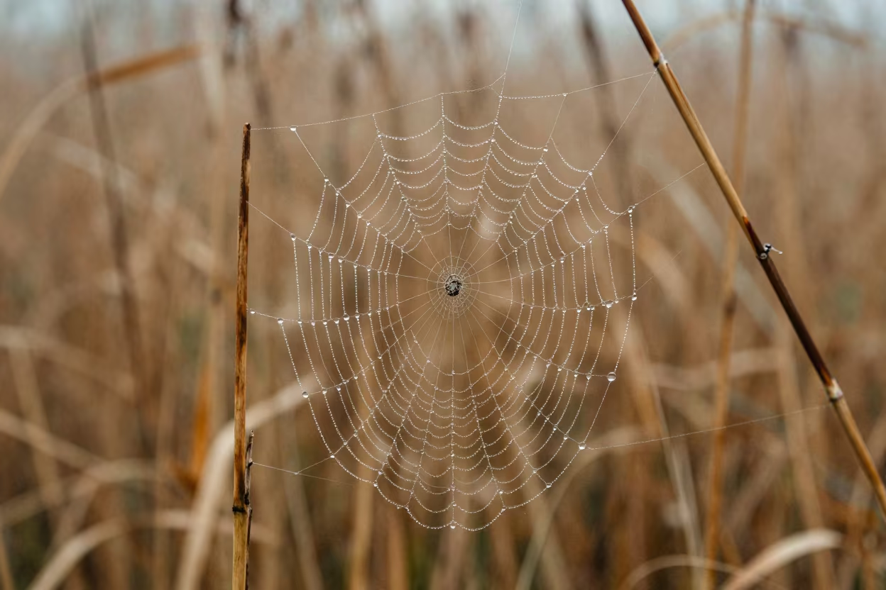 Dewdrop on Spider Web Near Reed Bed in at the edge of a reed bed near Owerri