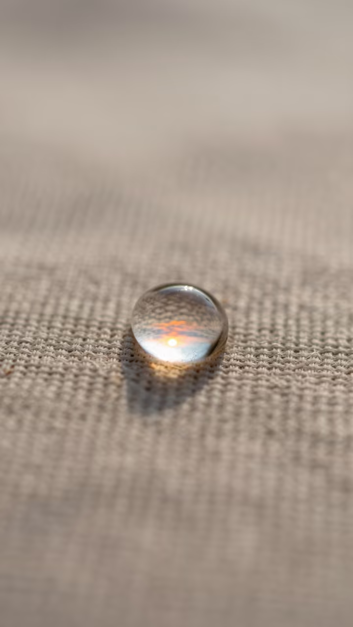 Dewdrop Sunrise Refraction on Linen in against woven linen fibers in Novi Sad