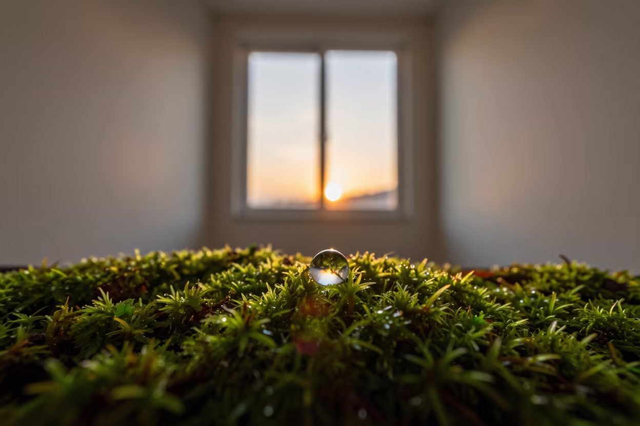 Dewdrop Sunrise Refraction on Moss in Ambato in on dew-soaked moss in Ambato