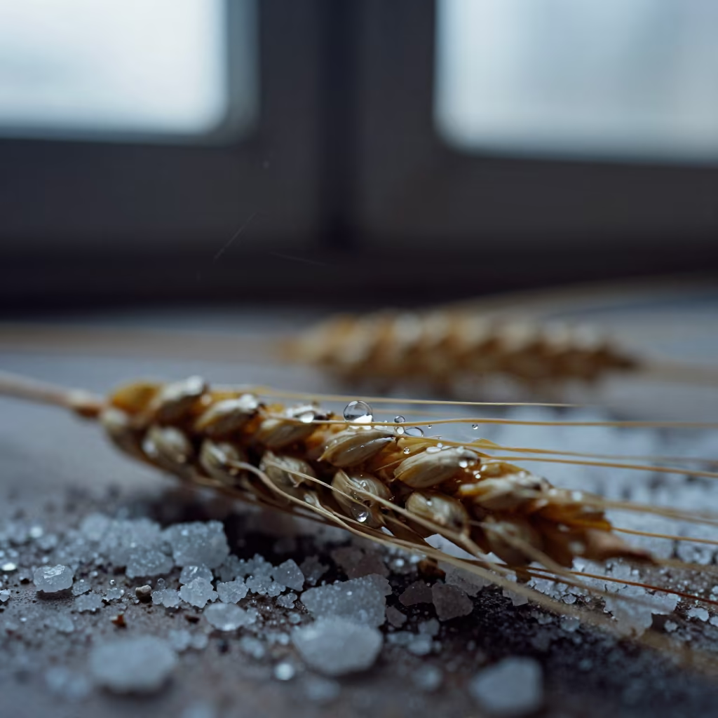 Dewdrop on Wheat Blade Amid Salt Crystals in on salt crystals along a pan rim in Ruhengeri