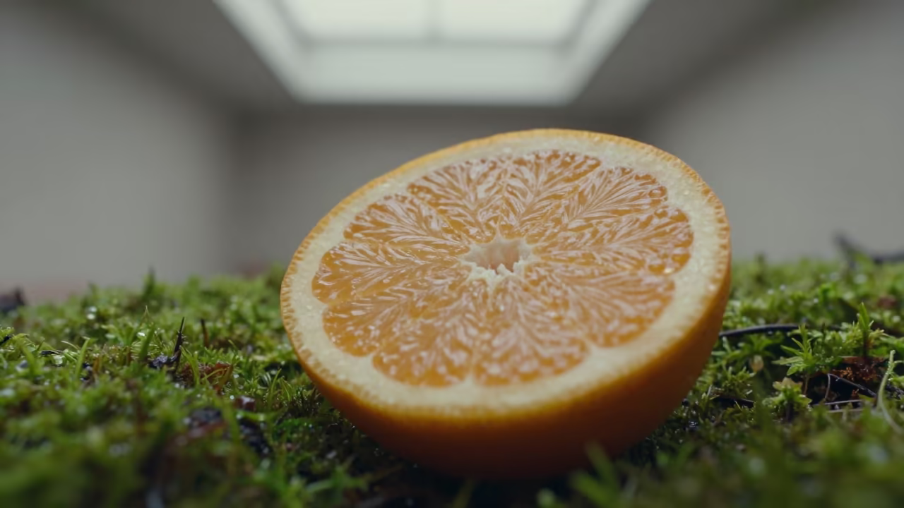 Dewy Citrus Flesh on Moss in Salvador in on dew-soaked moss in Salvador