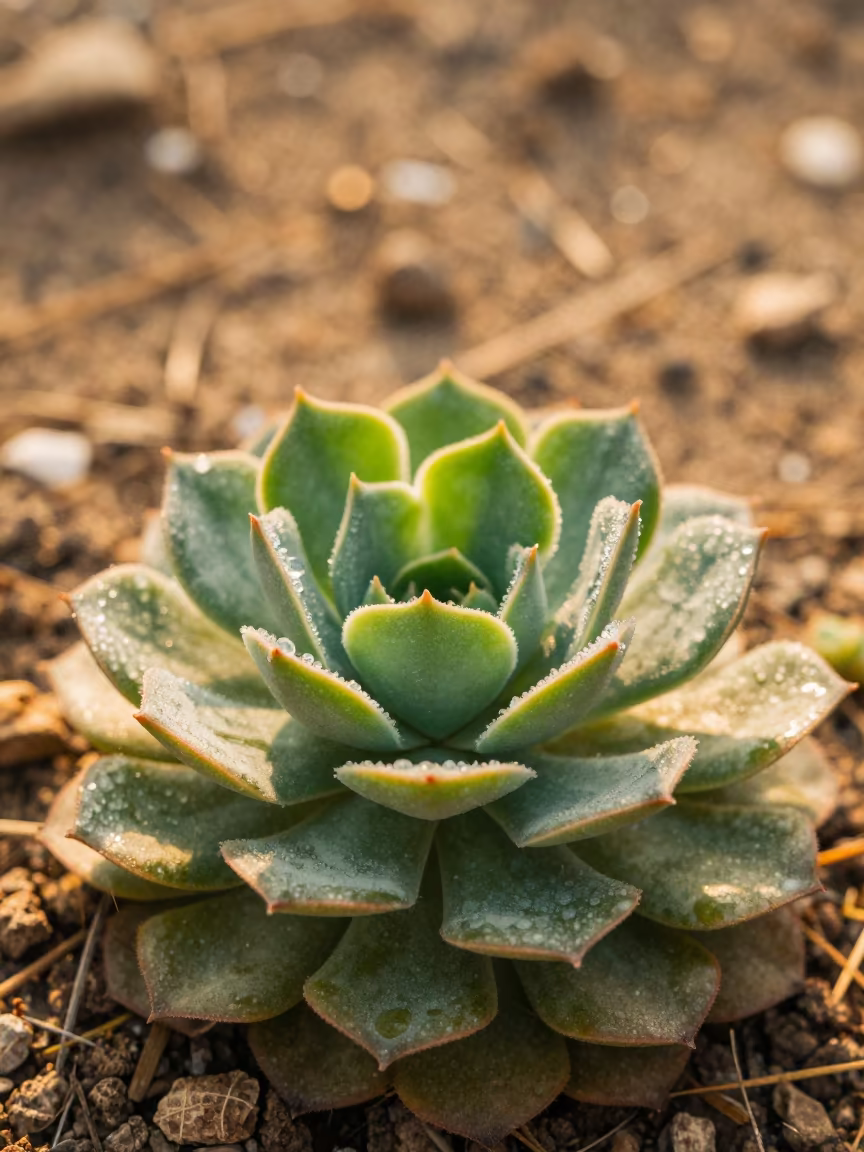 Dewy Echeveria in Golden Spring Light with Snow in near Beawar