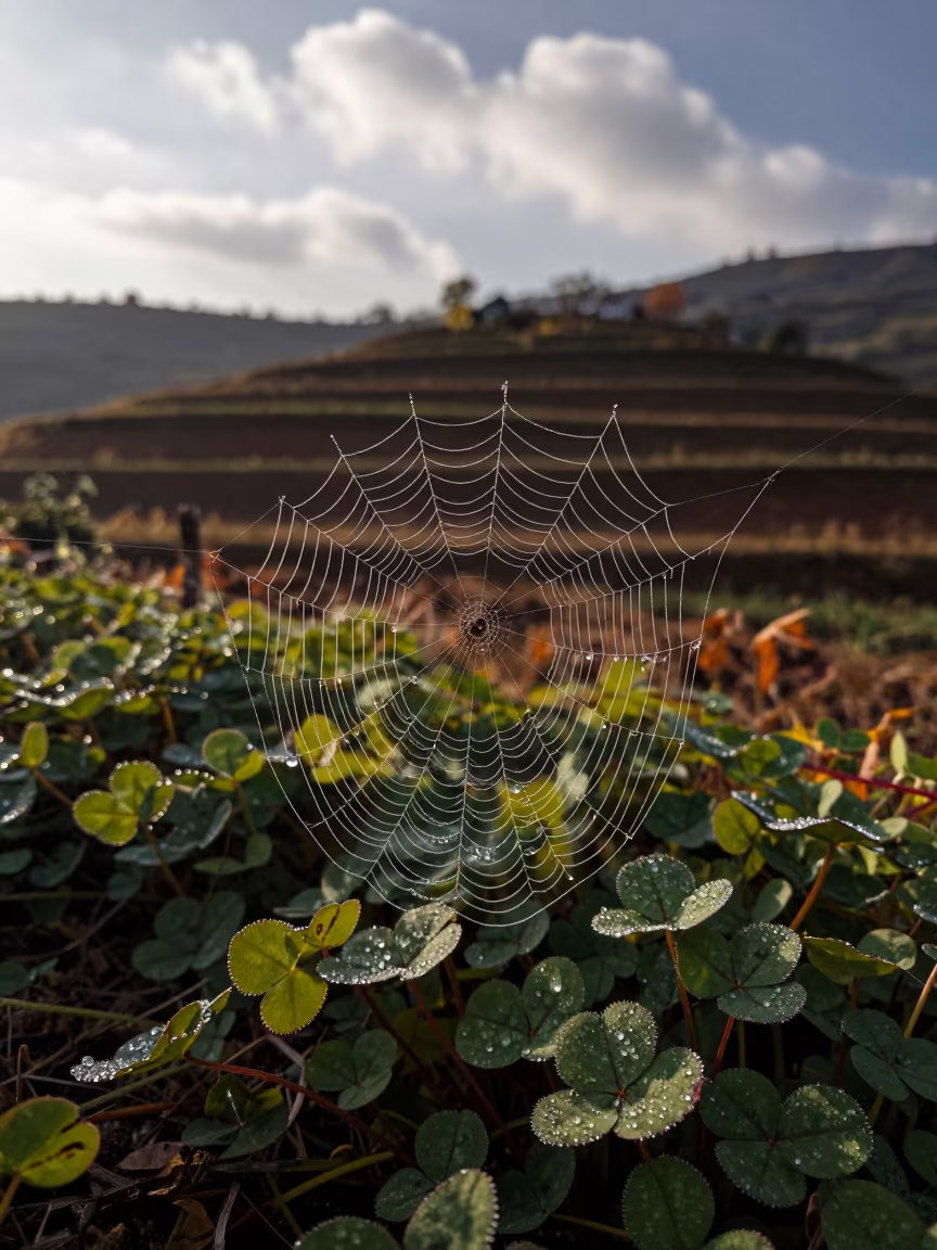 Dewy Spider Web on Autumn Clover in Shaanxi in among terraced garden plots in Shaanxi