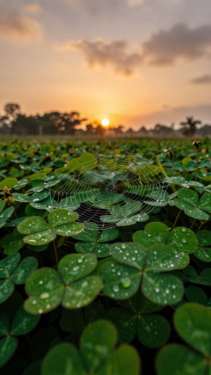 Dewy Spider Web on Clover at Belize Sunset in in Belize