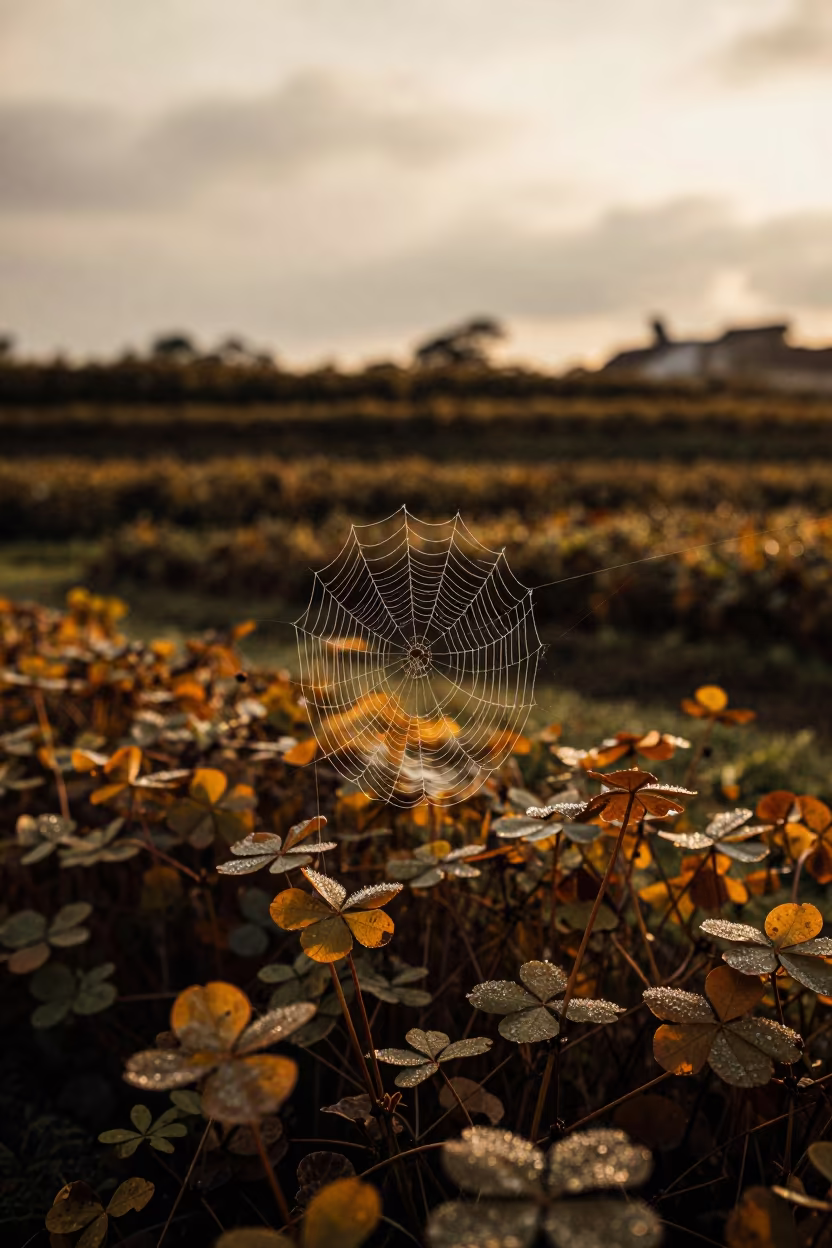 Dewy Spider Web on Clover in Evening Light in among terraced garden plots near Ho Chi Minh City