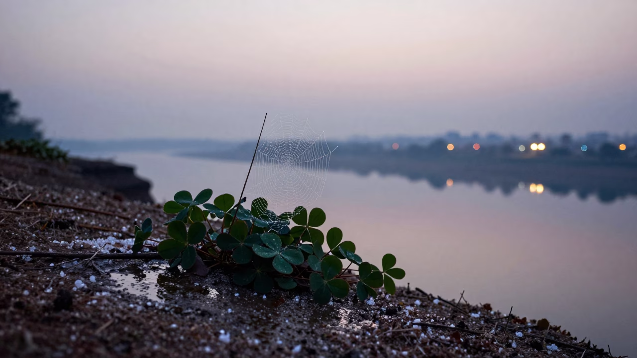 Dewy Spider Web on Winter Clover by Salt Cliff in along a salt-sprayed cliff edge in Tripura