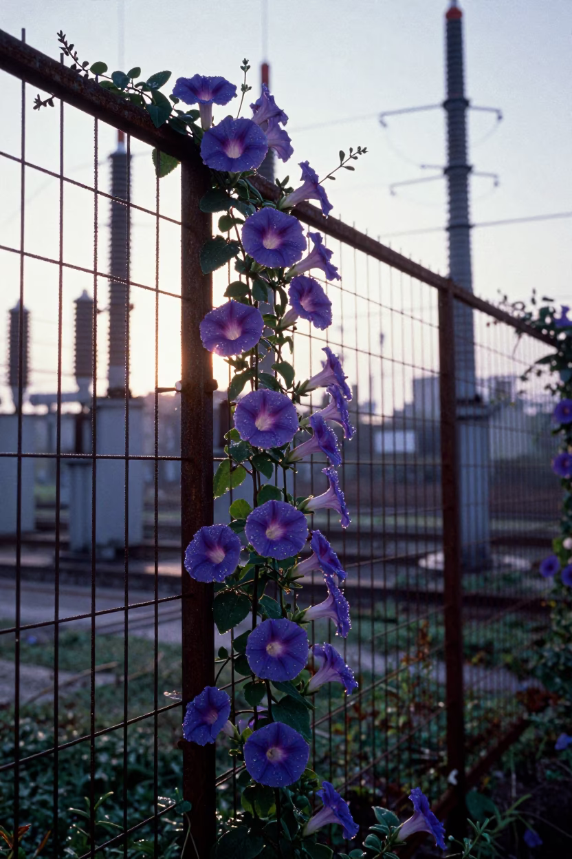Dewy Substation Fence and Morning Glory Blooms in Pre-Dawn Tainan in in Tainan, Taiwan