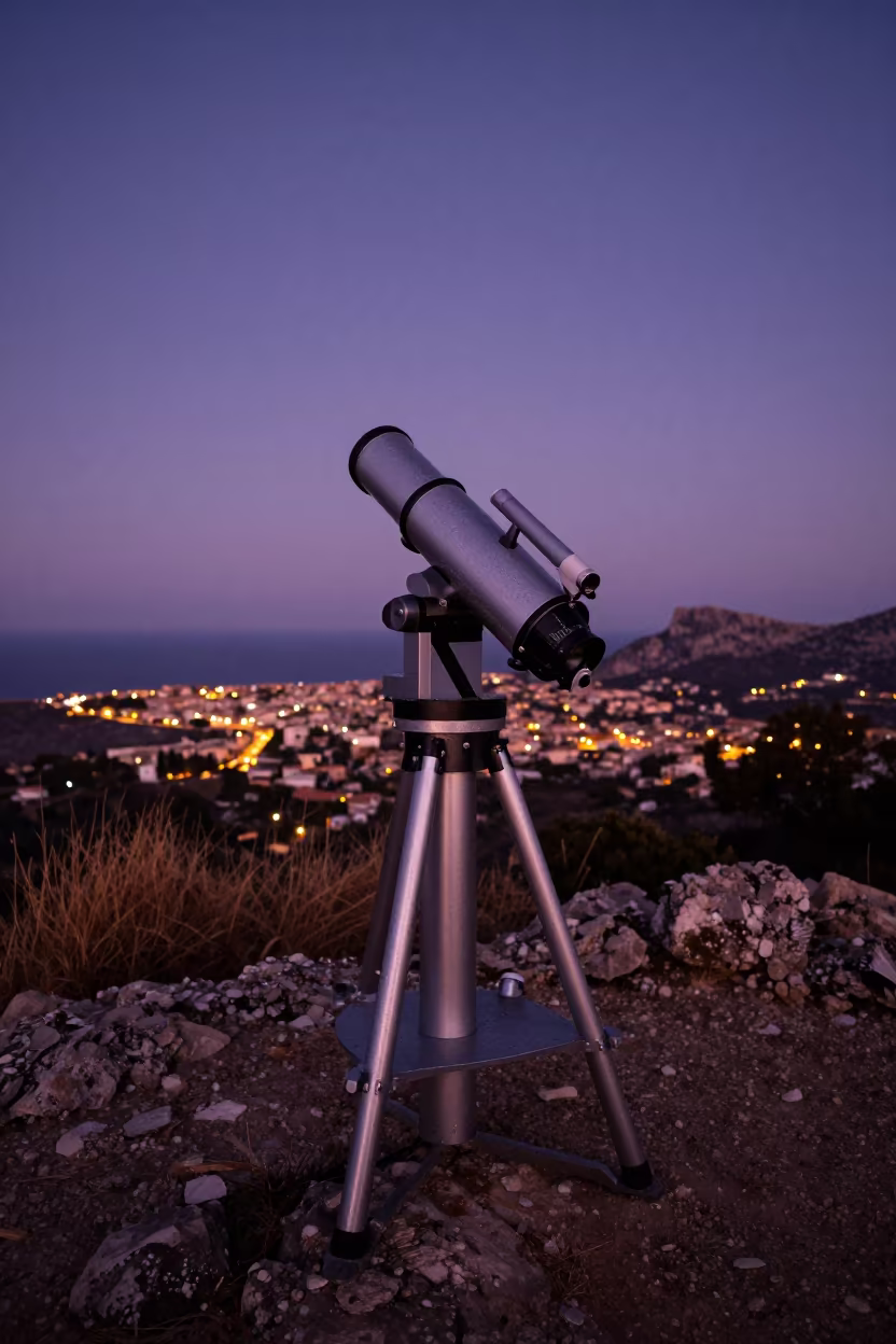 Dewy Telescope Mount at Balearic Twilight in along a rocky geology outcrop in the Balearic Islands