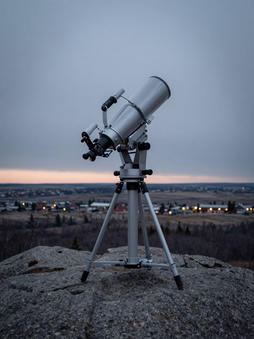Dewy Telescope Mount on Saskatchewan Outcrop in along a rocky geology outcrop in Saskatchewan