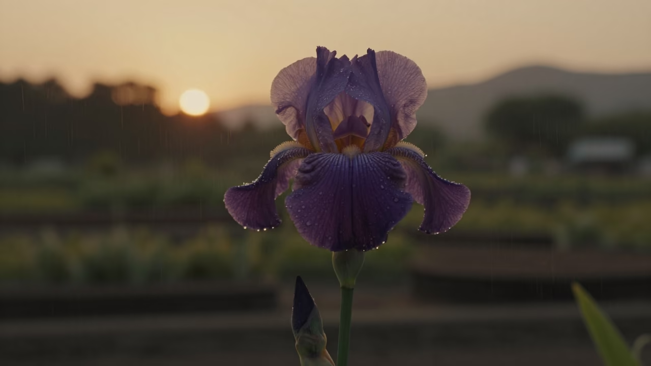 Dewy Wild Iris Silhouette at Sunset in among terraced garden plots near Gyeongju