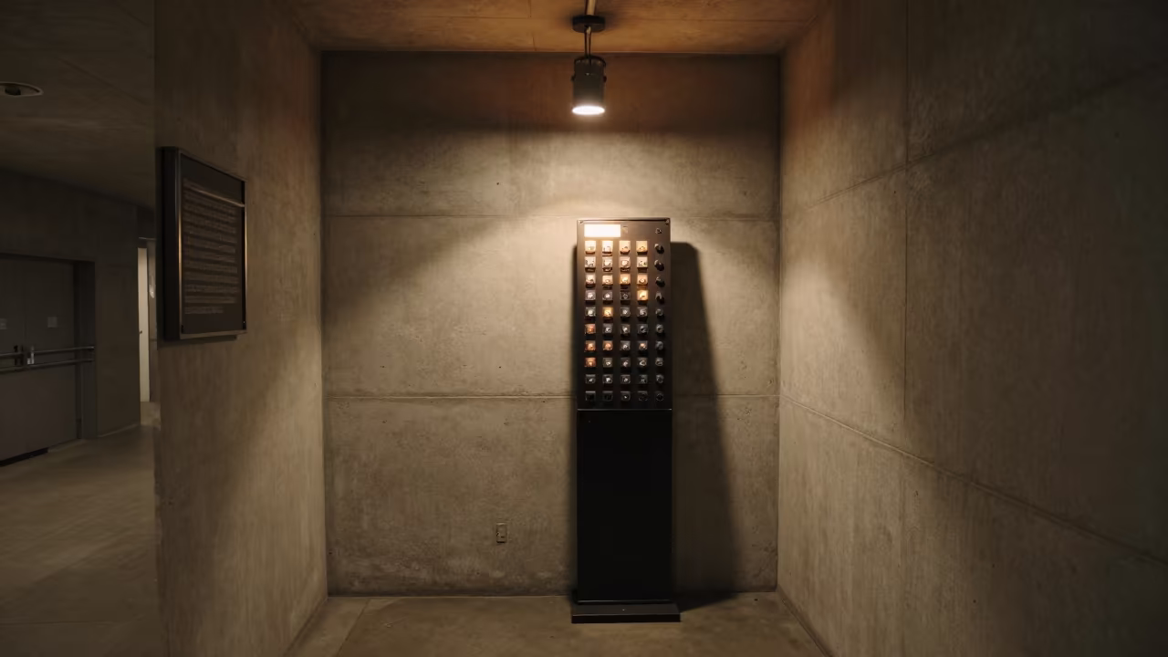 DFAC Clicker Stand in Brussels Barracks Night in inside a barracks corridor in Brussels