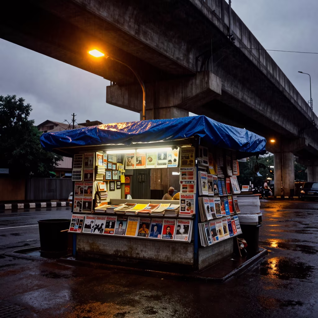 Dhaka Newsstand Wet Magazines Dawn Underpass in beneath a flickering underpass light in Dhaka