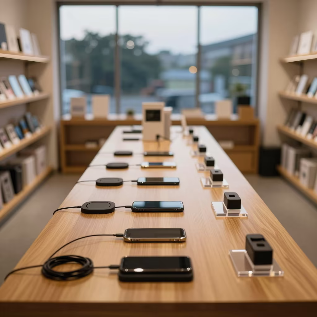 Dhaka Phone Store Demo Table Before Dawn in inside a storefront prepared for opening in Dhaka