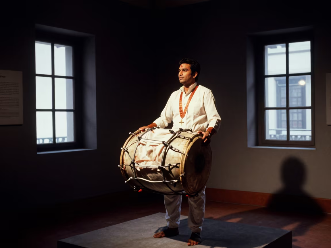 Dhol Player on Museum Plinth Delhi Night in on a museum plinth near Connaught Place, Delhi