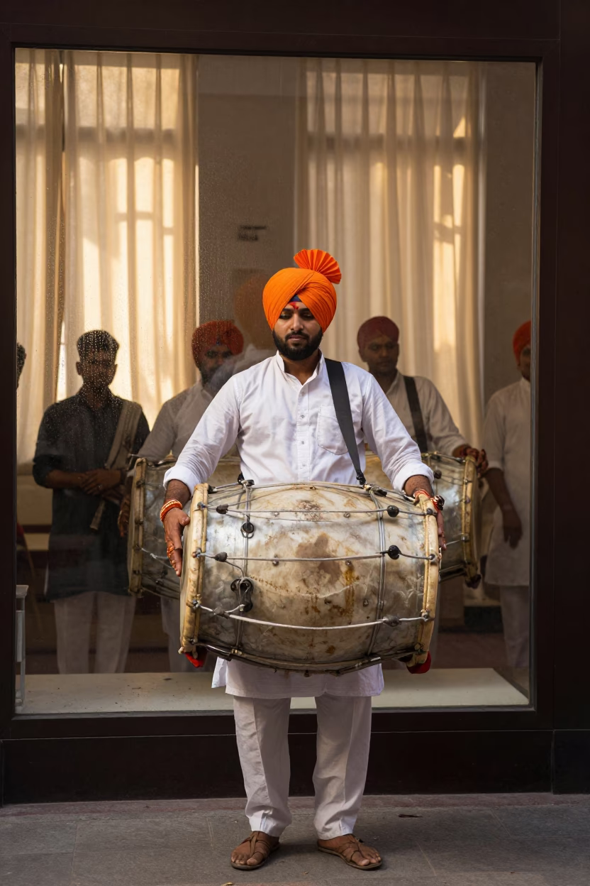 Dhol Player on Museum Plinth Karol Bagh Delhi in on a museum plinth in Karol Bagh, Delhi