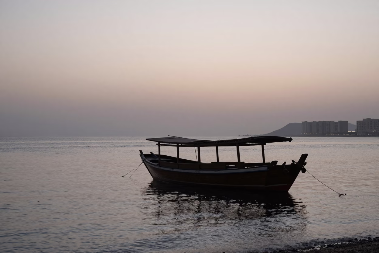 Dhow Boat in Muscat at First Light Of Dawn in in Muscat, Oman