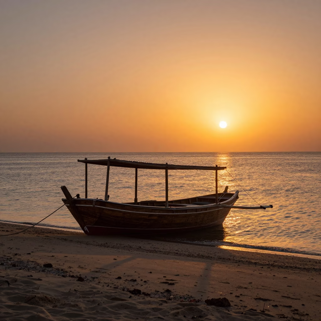 Dhow Boat in Muscat at Sunset Light in in Muscat, Oman