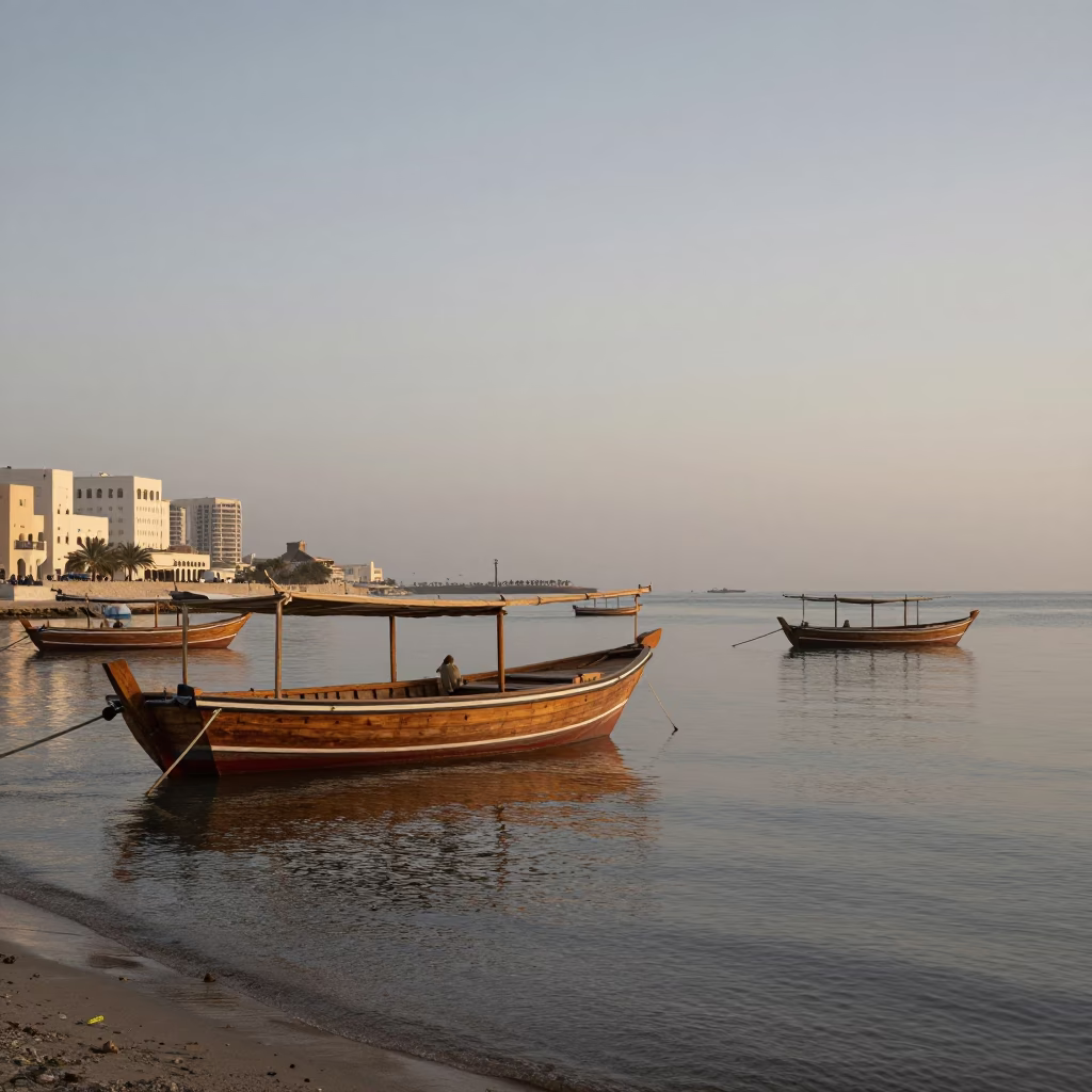 Dhow Boats in Muscat at First Light Of Dawn in in Muscat, Oman