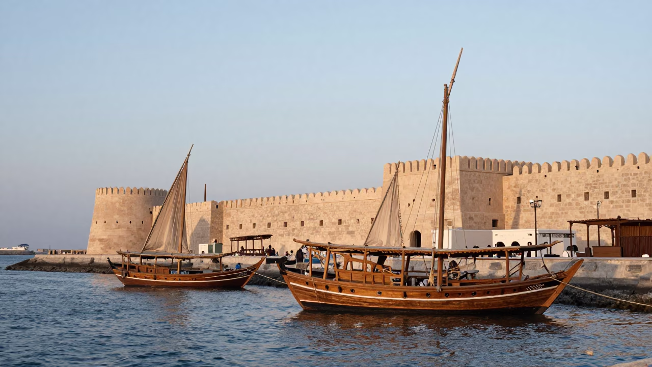 Dhow Docked in Muscat at Nautical Dawn Light in in Muscat, Oman