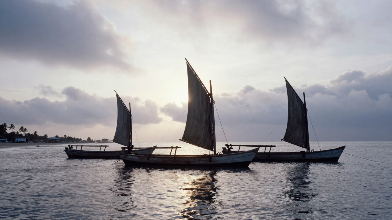 Dhow Fleet Anchored Before Sunrise Haze in across a remote ferry crossing in Goa
